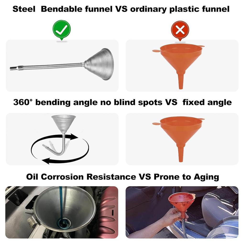Steel Bendable Universal Spout Funnel with Filter and Flexible Pipe - Galvanized for All Automotive Oils, Diesel Fuel and Other Liquids - Silver