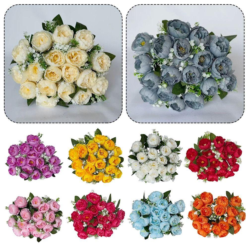 18Heads Mini Poeny Artificial Flower Multicolor Green Leaves Decorative Flower Scene Landscaping Photo Props