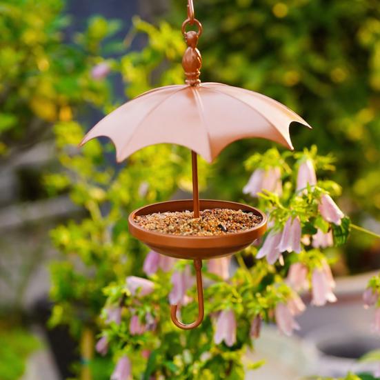 Umbrella-Shaped Bird Feeder Rustic Outdoor Wildbird Feeder with Rain Guard Decorative Hanging Platform Seeds Tray for Courtyard Balcony
