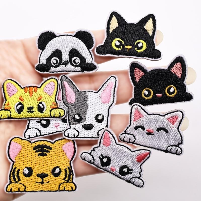 Easy Adhesive Animal Face Patches, 16Pieces Embroidery Applique Set for Clothes Bags Hat and Cushions, Quick Fabric Decoration Use