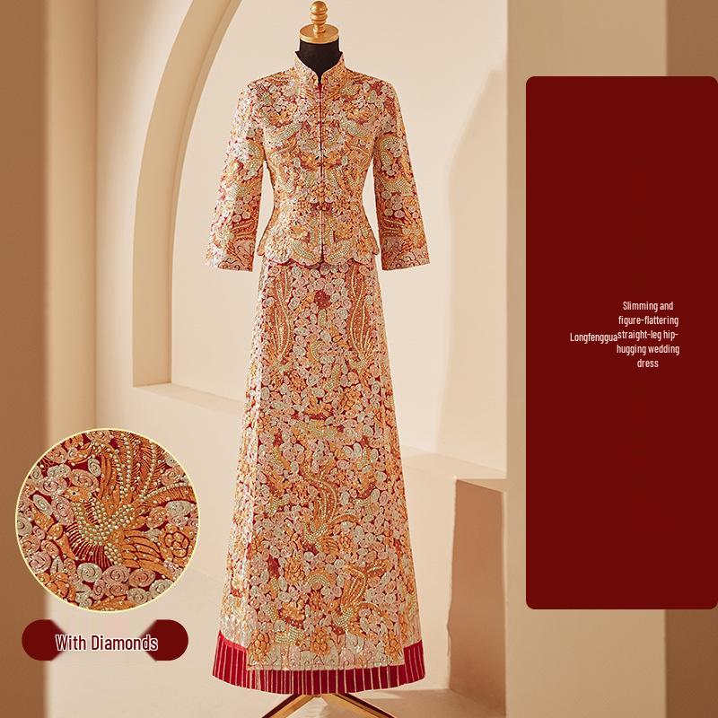 2025 Embroidered Dragon & Phoenix Kua Xiuhe Wedding Dress - Retro Chinese Slim Fit Bridal Toasting Gown