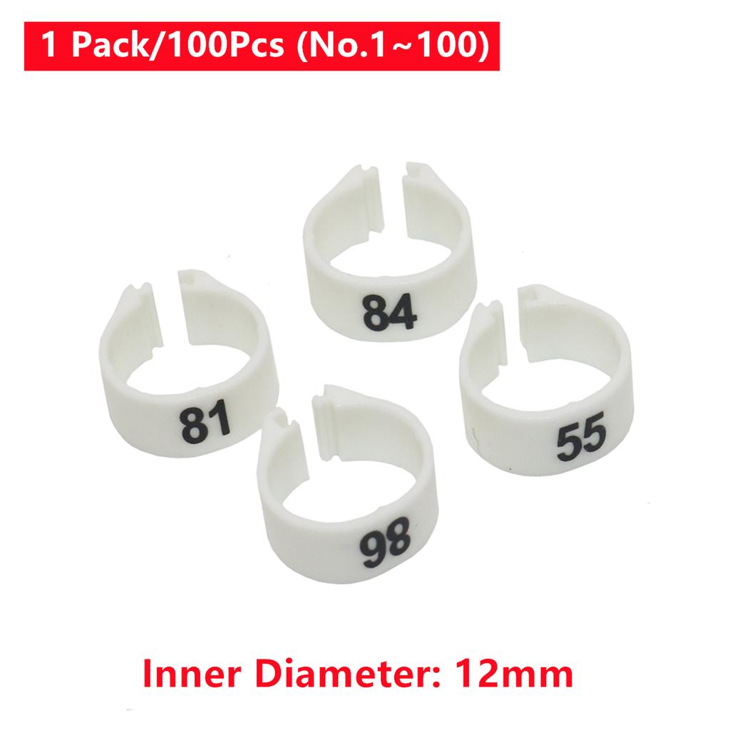 1 Pack/100Pcs Digital Plastic Bird Clip Foot Rings Inner Diameter 12mm Pigeon Quail Identification Leg Rings No.1~100 10 Colors