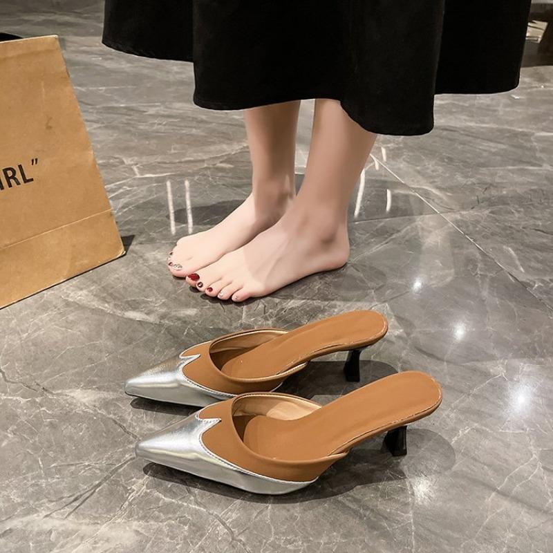 Fashion Elegant Pointed Stitched Heart-shaped High Heels Mule Slippers Women's 2025 Silver Black Brown Shoes Luxury Designer High Heels