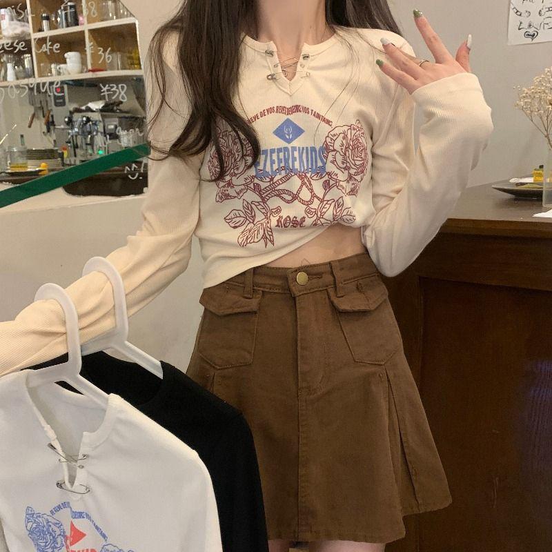 

Женские модные футболки в стиле ретро с принтом для девочек, футболки Y2K, активные топы, женские повседневные футболки с длинными рукавами