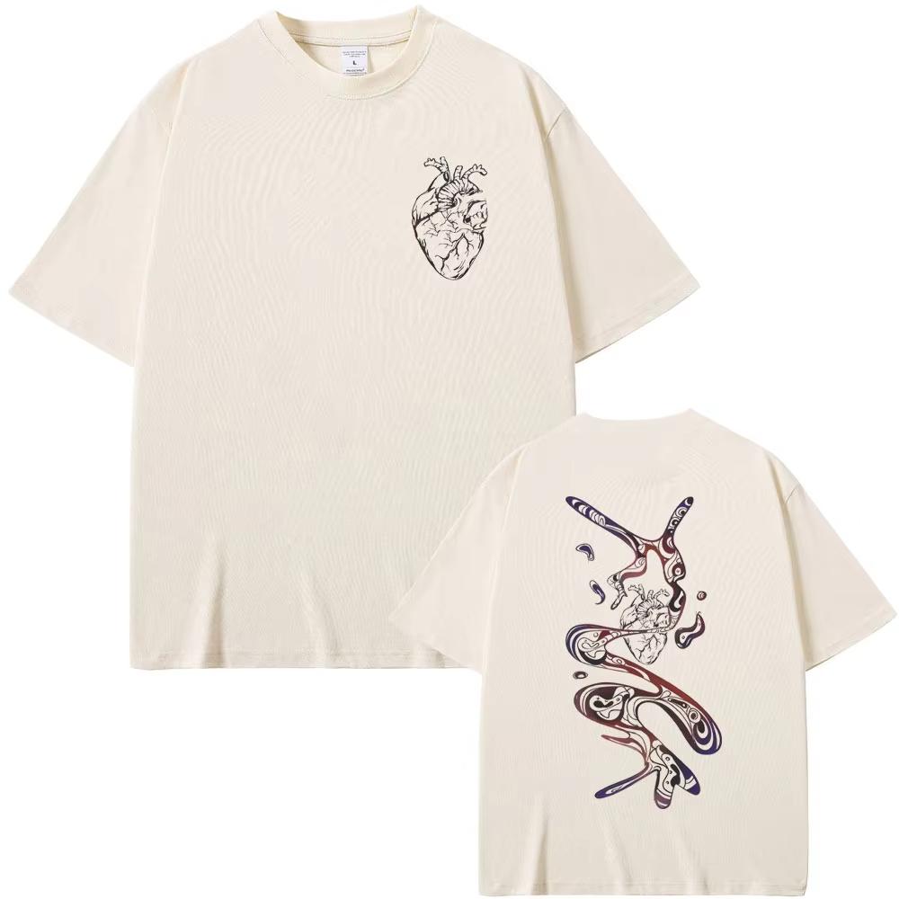 2026 Summer Anatomical Heart Fluid Line Art Double Sided Graphic White Tshirt Unisex Oversized Clean Fit Streetwear Cotton Tee