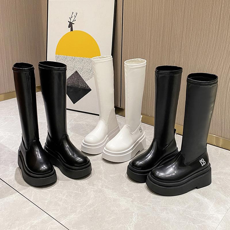 Small Man Height Increasing Thick-soled Boots Skinny Spice Girl Boots Women's Round Head Soft Leather Elastic Skinny Boots Knight Boots