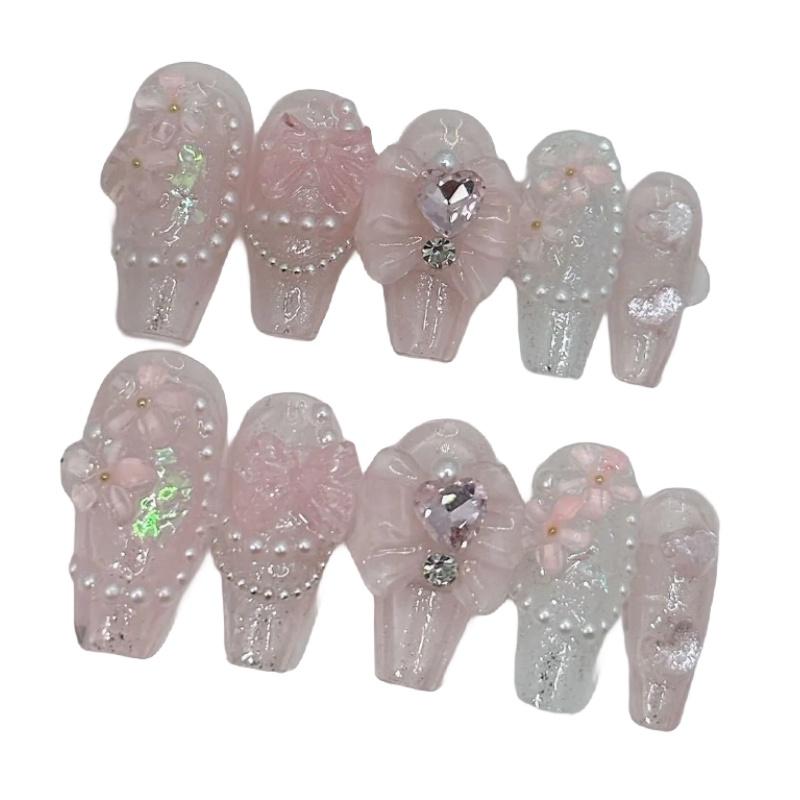 

Pink Sparkling Women Bows Presson Nails Waterproof Removable Jelly Glue Gifts XS