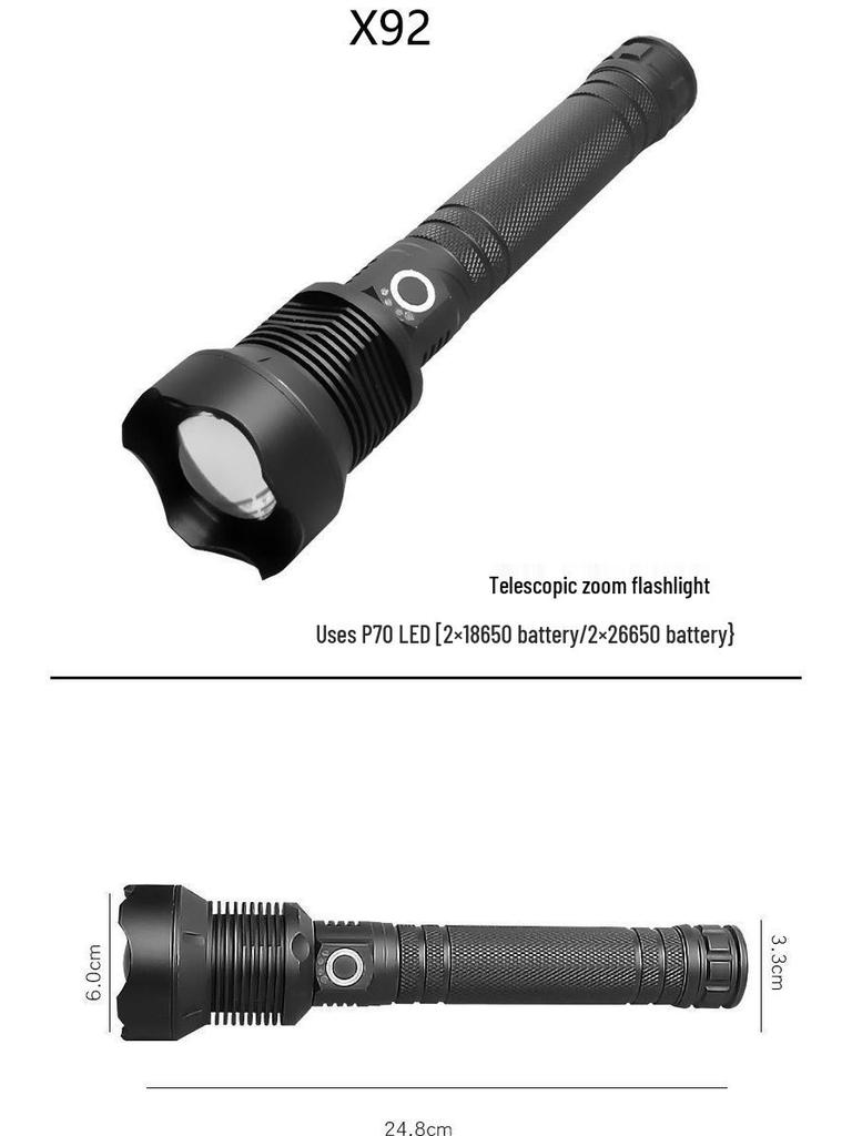 Waterproof Aluminum P90 High-Power Flashlight with Telescopic Focus and P70 Spotlight for Outdoor Use