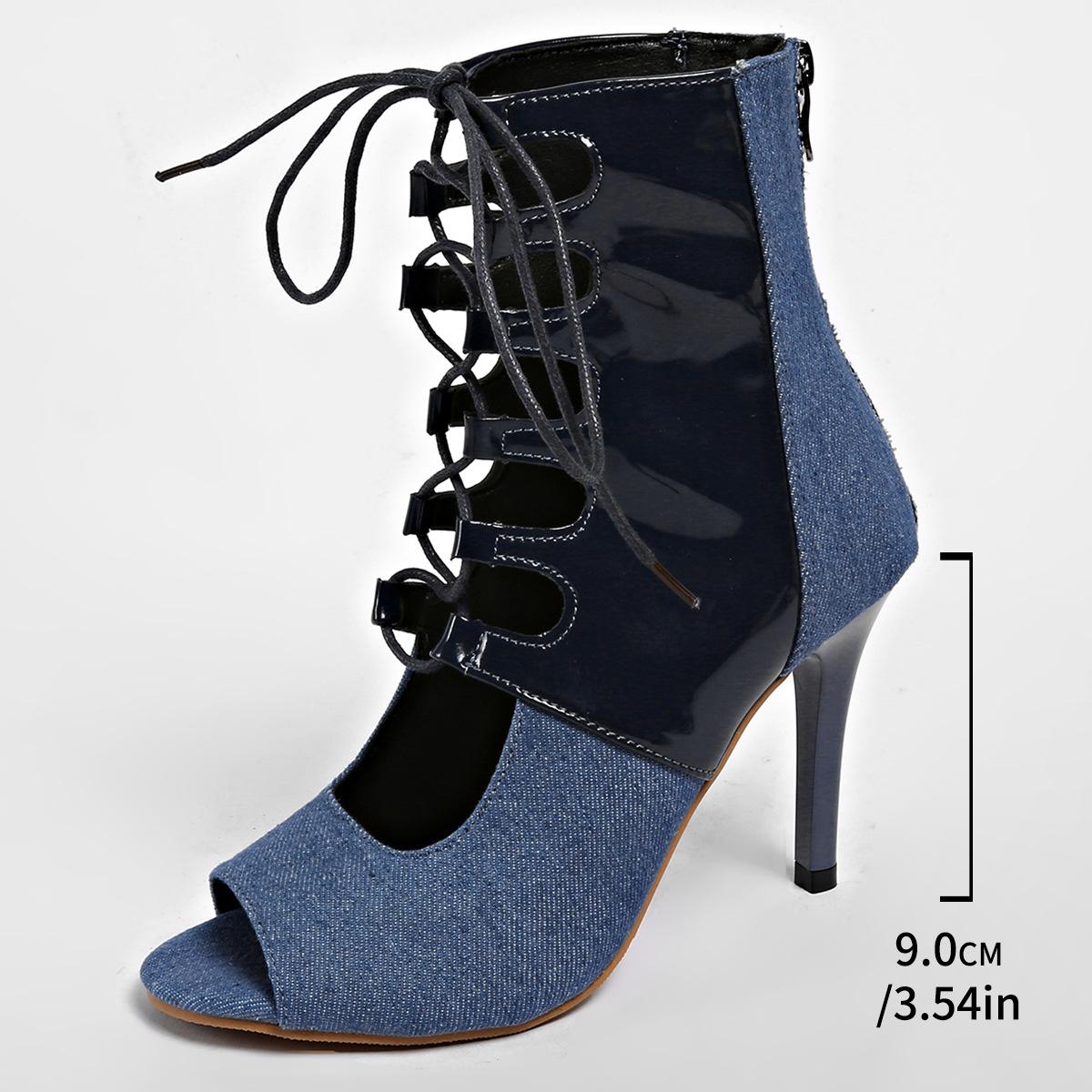 

Large Fish Mouth High Heels 2025 Denim Hollow out Fine Heel Sexy Cross Strap Cool Boots for Women Summer 35
