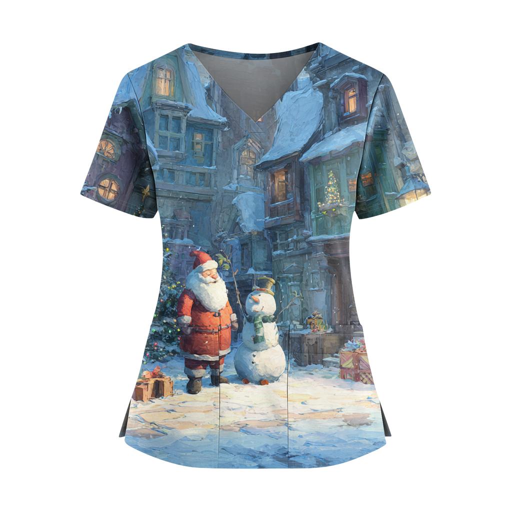 Women's Christmas Printed V-Neck Double Pocket Short Sleeves Hem Slit  Uniform Caregiver Top