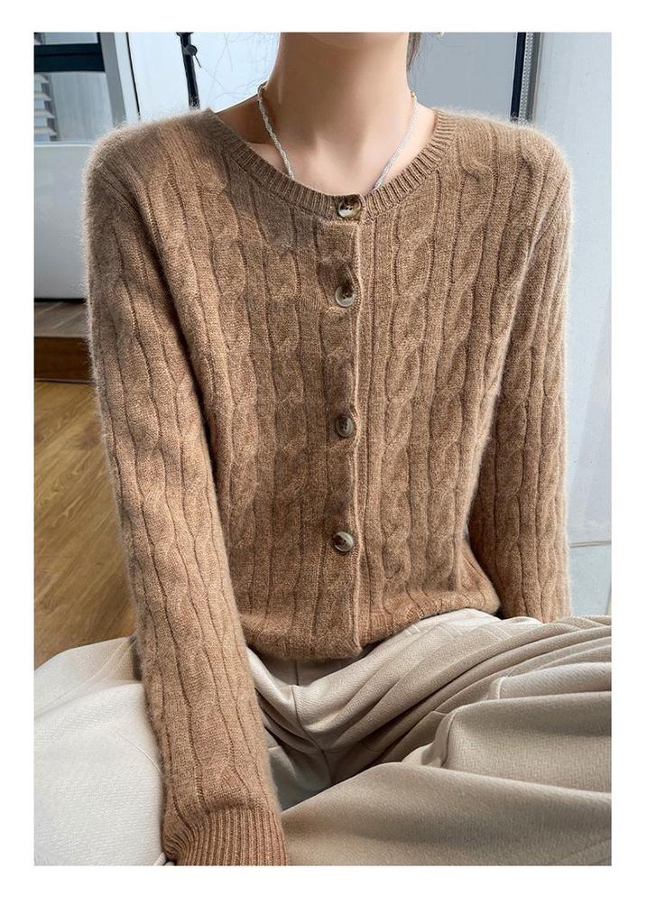 Women's Cashmere Round Neck Cable Knit Cardigan - High-End, Fashionable, Versatile Sweater for Autumn/Winter