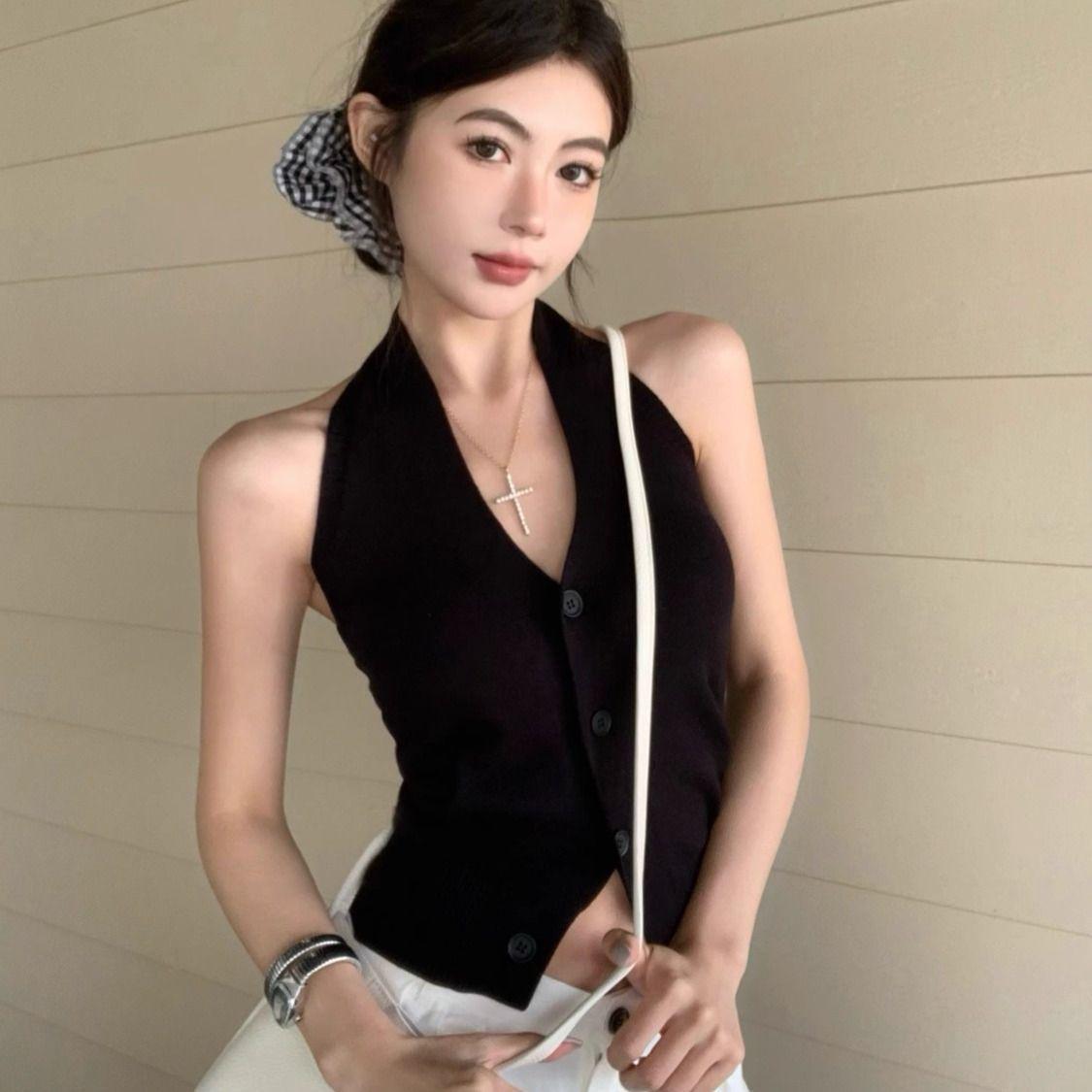 

Французский вязаный топ-халтер - Женский милый и пикантный летний дизайн без спины L чёрный