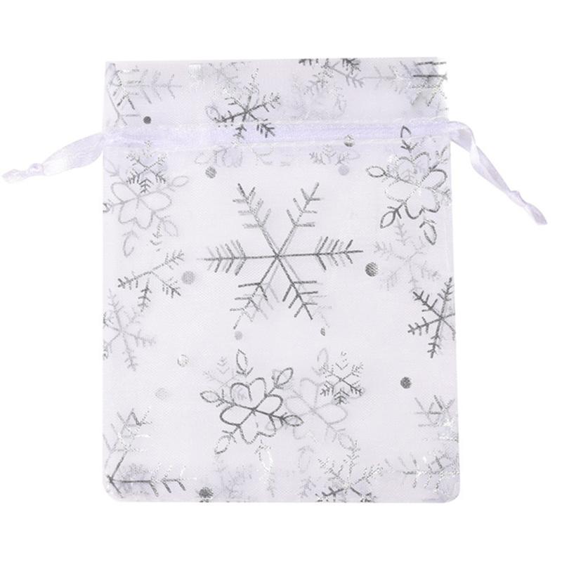 100 Christmas Drawstring Drawstring Mesh Bags Snowflake Organza Holiday Storage Decoration Wedding Gift Ornament Candy Bags