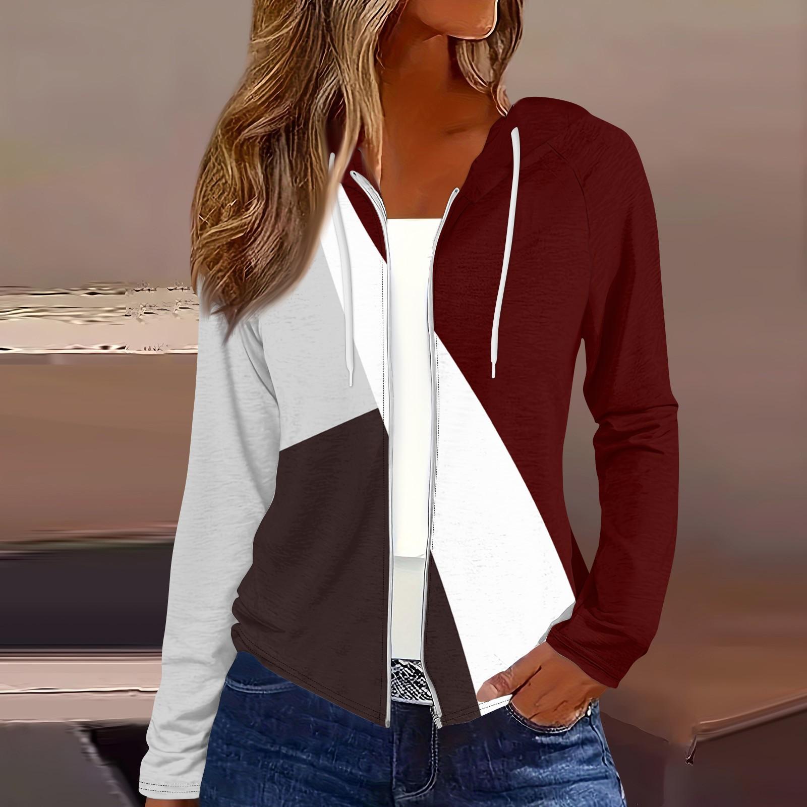 

Женская мода повседневная застежка-молния с капюшоном и принтом с длинным рукавом толстовки пальто XXL винный