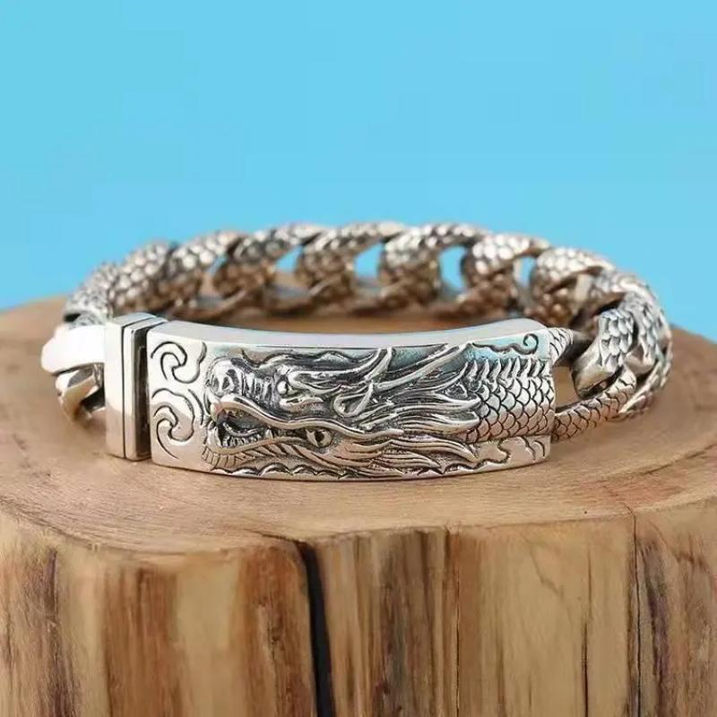 

Trendy Brand Jewelry Retro Domineering Dragon Pattern Men s Bracelet Carved Dragon Head 22CM срібний
