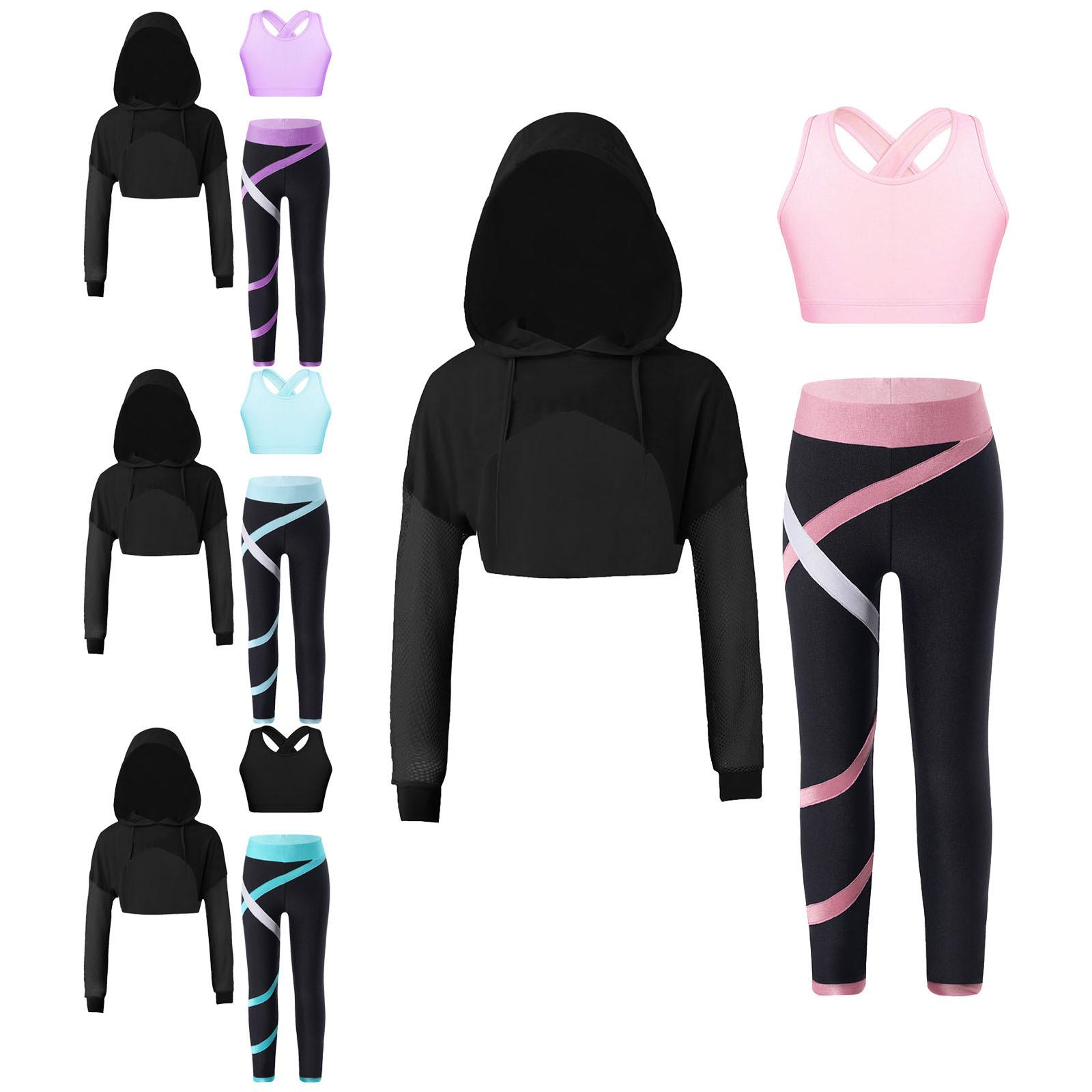 

Дитячий спортивний комплект для дівчаток, топи з капюшоном і зав’язками з довгими рукавами, укорочений топ без рукавів і легінси з кольоровими блоками для змагань на тренуваннях 5-6 Years зелений/синій