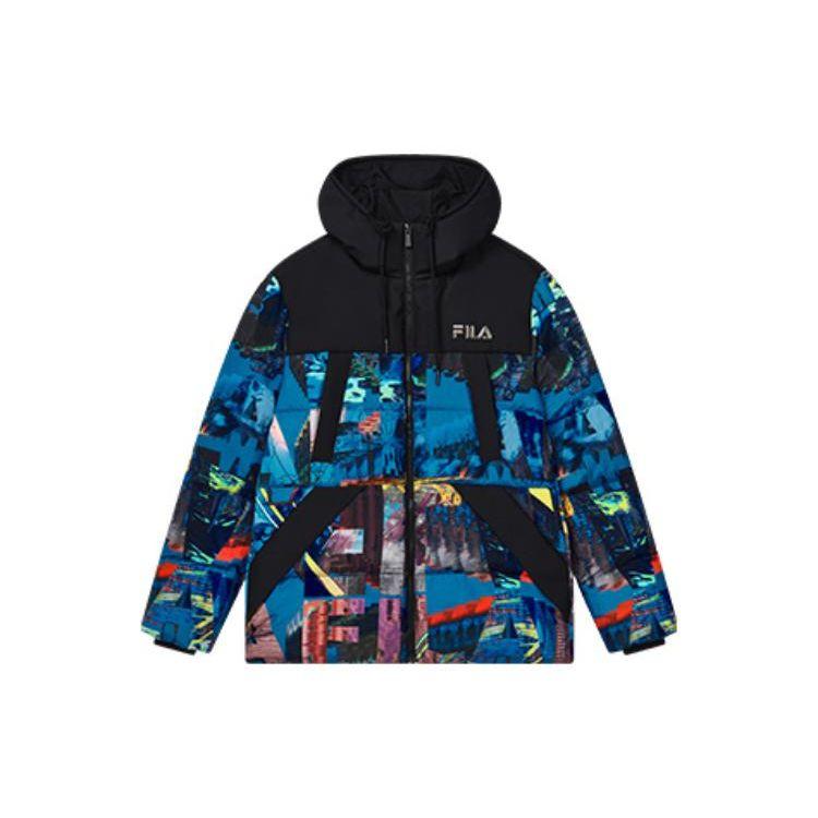 FILA Fleece Printed Zip-Up Hooded Long Sleeve Down Jacket Men outerwear Blue F11M248902F-ZA M