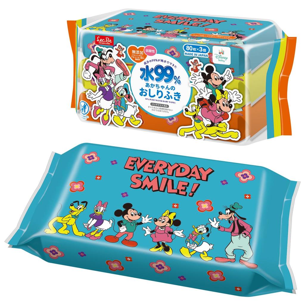 LEC Disney Pure Water Baby 80 Sheets X 3 Packs Mild Made In No Additives Propylene or 99% Wipes, (Mickey & Friends), Acidity, Japan, (Parabens,