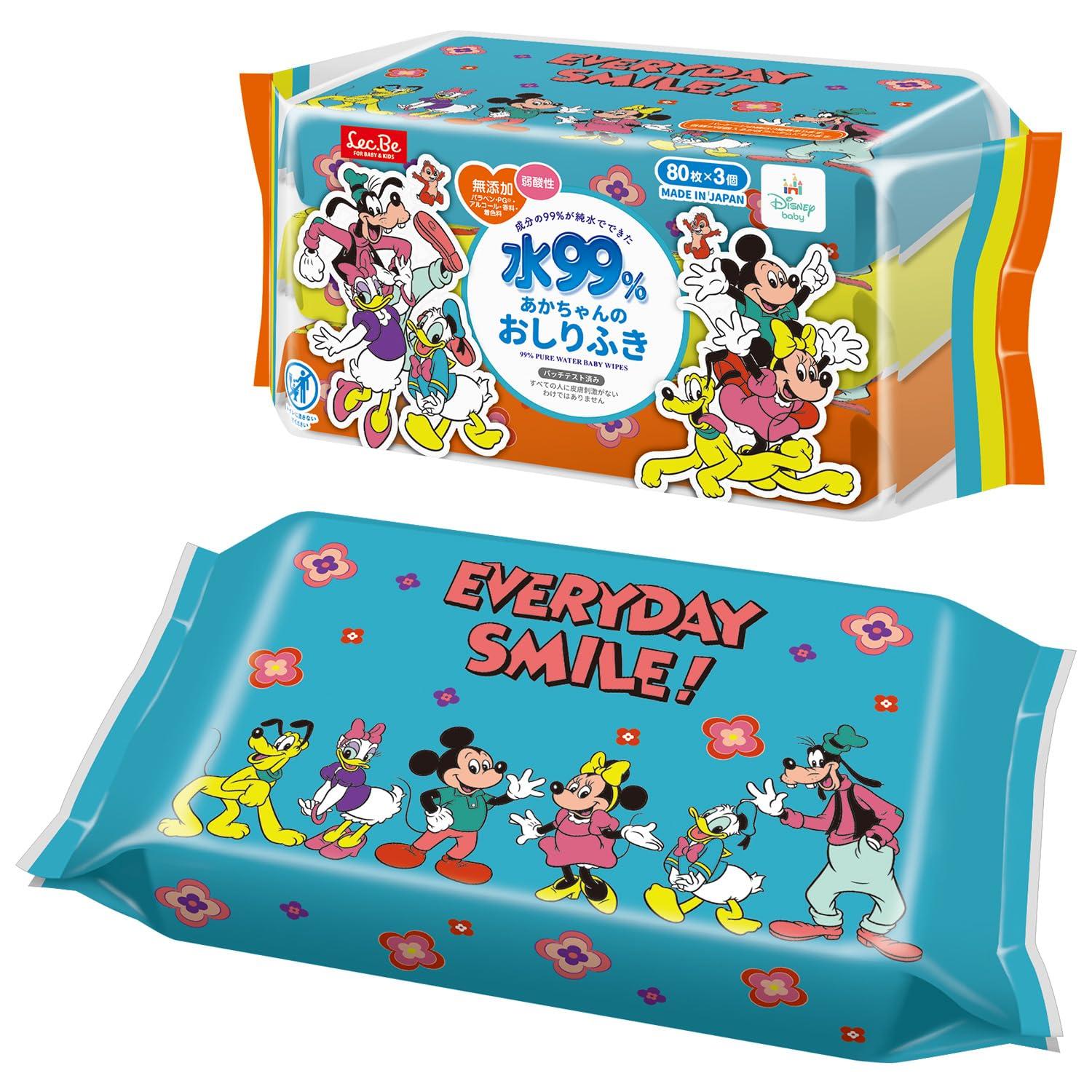 

LEC Disney Pure Water Baby 80 sheets x 3 packs Mild Made in No Additives Propylene or 99% Wipes, (Mickey & Friends), Acidity, Japan, (Parabens, белый