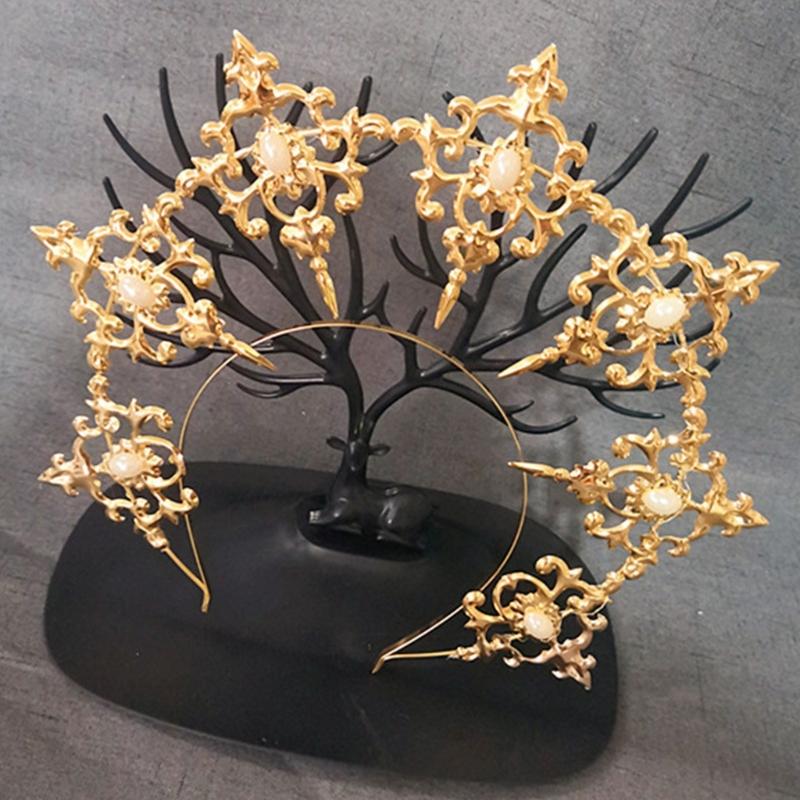 Womens Mary Halos Crowns Headband Spiked Gold Tiara Hair Accessories Goddess Headpiece Headdress for Cosplay