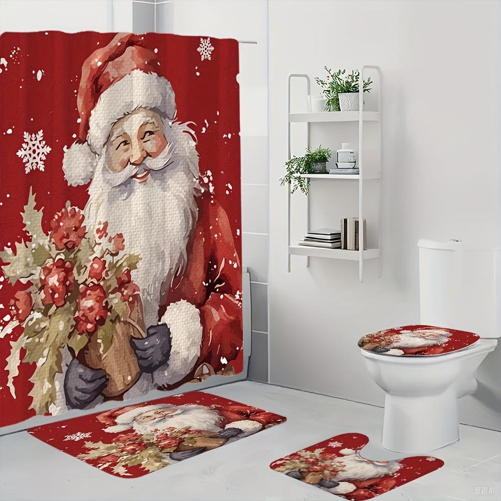 4-teiliges Badezimmer-Duschvorhang-Set Weihnachtsmann Badezimmervorhang mit 12 Haken Rutschfeste Teppiche Toilettendeckelmatte Badezimmer-Trennwand