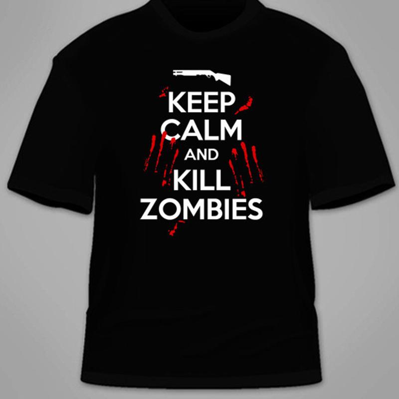 Keep Calm And Kill Zombies Tshirt Funny Walking Dead Brains Apocalypse Guns
