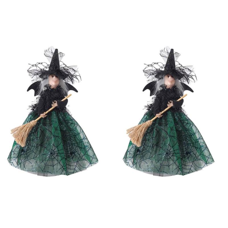 Halloween Witch Doll Desktop Decorations Witch Tree Toppers for Holiday Party Home Decor Witches with Spiders Web Dress
