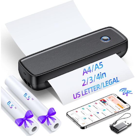 Aixiqee Inkless Portable Printer Wireless for Travel - High Resolution, 4200mAh Battery, Thermal Mini Printer for A4/A5/2/3/4in, USB, Lightweight, No