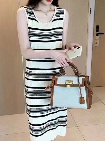 New striped knitted dress French design sense temperament thin sleeveless vest skirt medium and long versatile