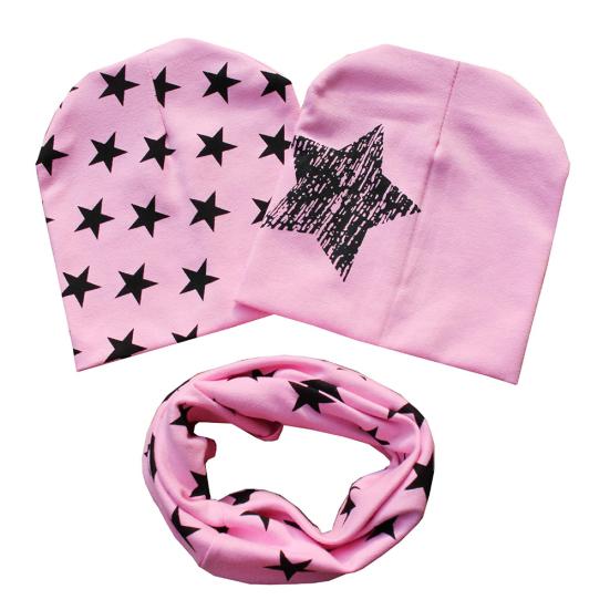 

3Pcs Toddler Baby Boy Girl Beanie Star Print Cap Warm Winter Hat Scarf Set рожевий