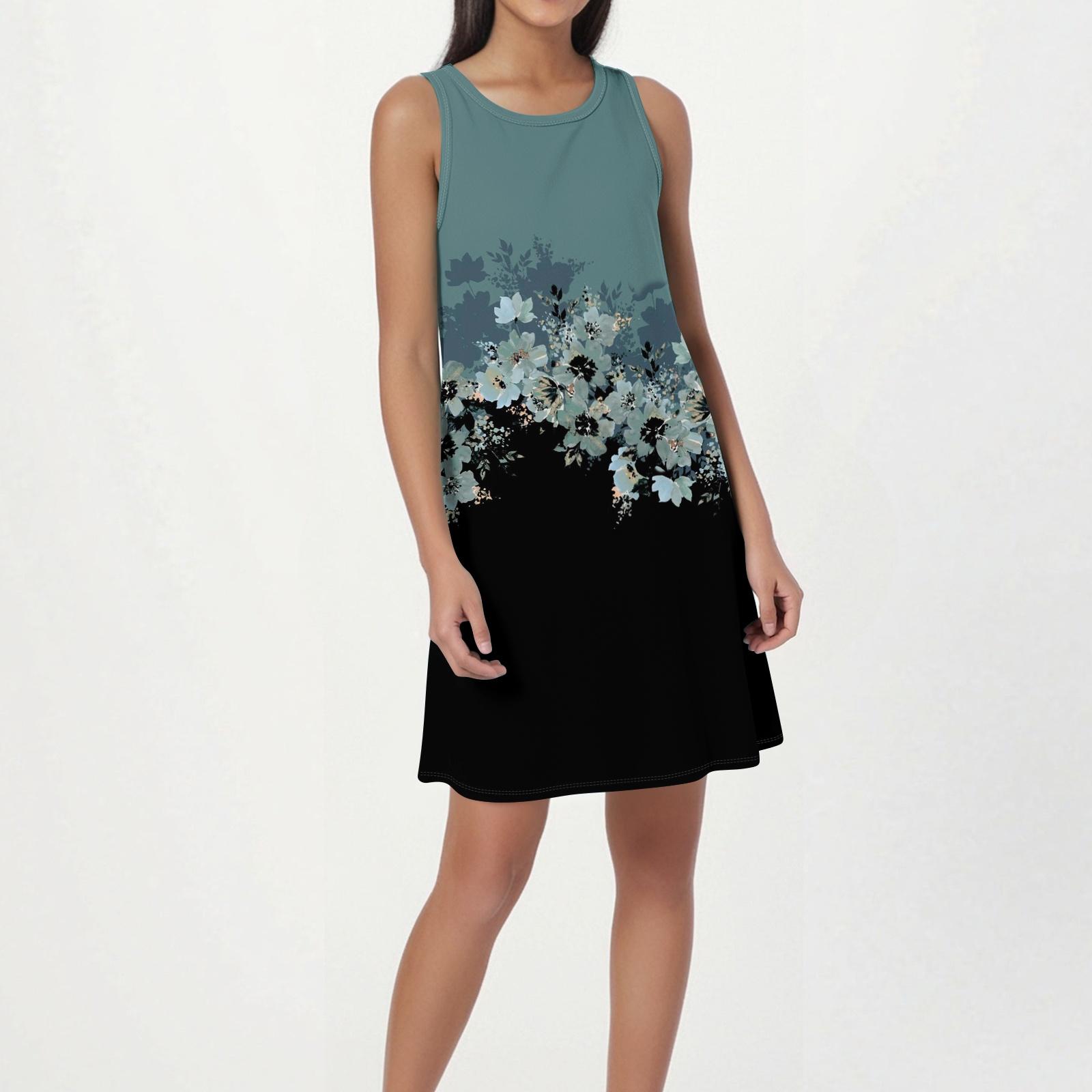 Women s Fashion Beach Dress Sleeveless Round Neck Floral Print Dress L чёрный