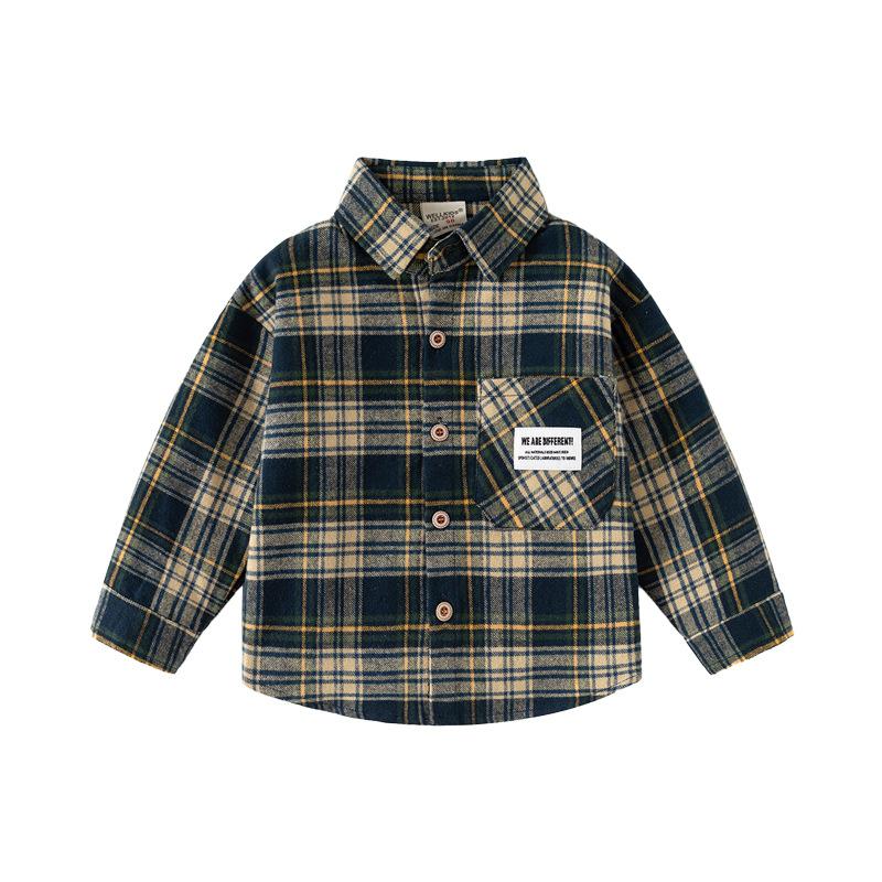 Dětská košile 2024 New Autumn Wear Boys Leštěná kostkovaná košile s dlouhým rukávem Baby Top dětské oblečení