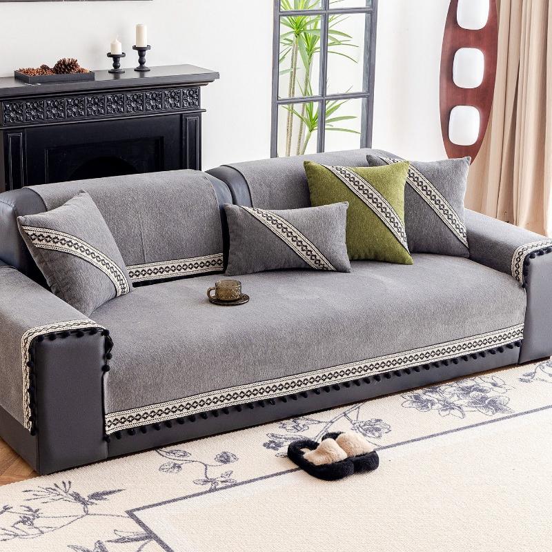 Chenille Sofa Cover with Tassels Four Seasons Universal Sofa Mat Solid Color Anti-Slip Couch Cushion Towel for Living Room