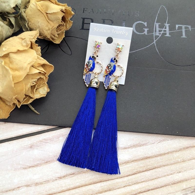 Retro parrot colored diamond fringed long stud earrings femininity versatile ethnic style fashion earrings bridal accessories