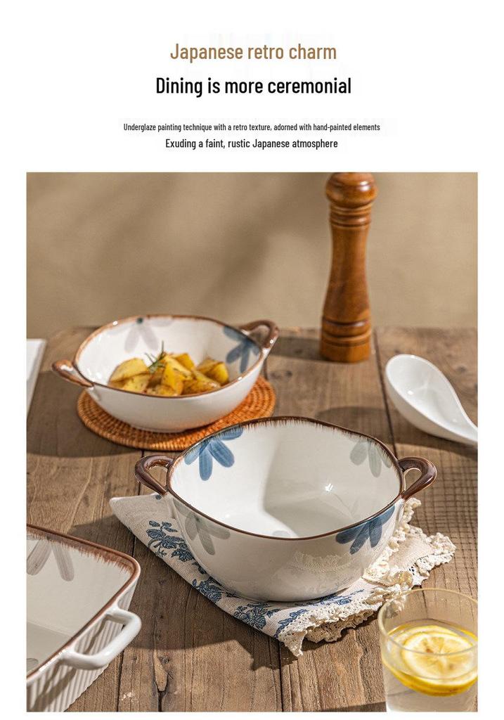 Large Dark Blue Double-Eared Ceramic Soup and Ramen Bowl