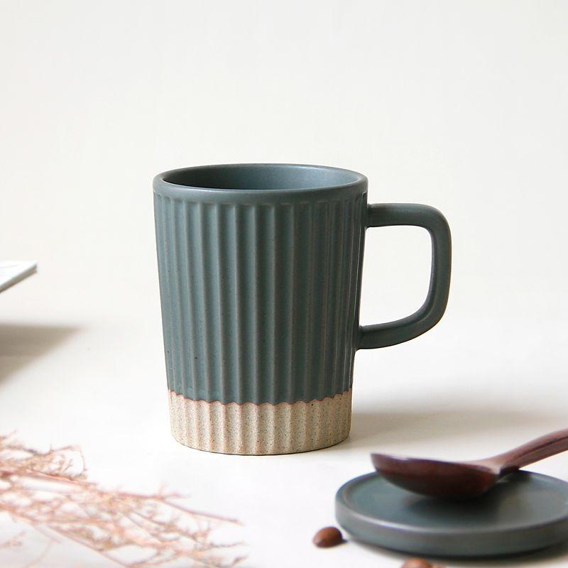 Japanese-style vertical pattern mug with lid ceramic cup simple ins style white sesame glaze coarse pottery coffee cup