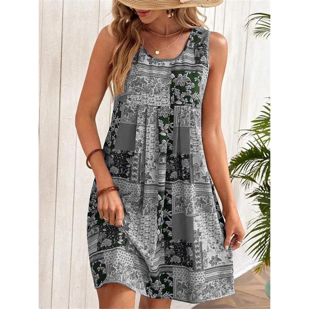 Damen Minikleid ärmellos 3D-Blumendruck Streetwear-Kleid Übergröße Retro Freizeitkleid