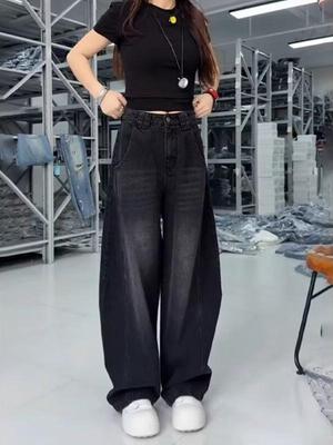 Women's Black-Grey High-Waisted Wide-Leg Jeans, American Retro Loose Fit, Autumn/Winter 2025 Collection