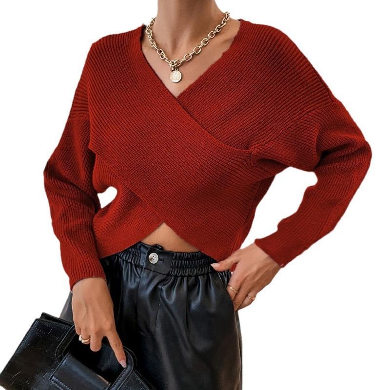 Women S Loose V Neck Cross Design Long Sleeve Knitted Sweater