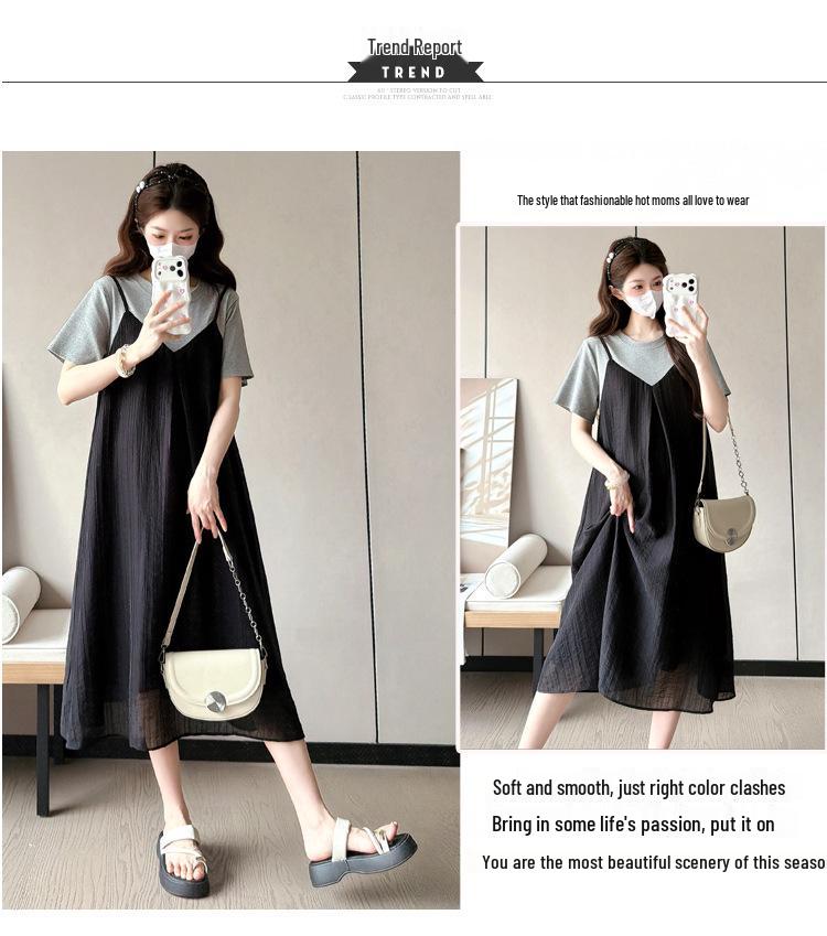 Korean Style Maternity Patchwork T-shirt Dress - Summer 2026, Spicy Mom Belly Covering, Slimming Plus Size, Trendy Two-Piece Look