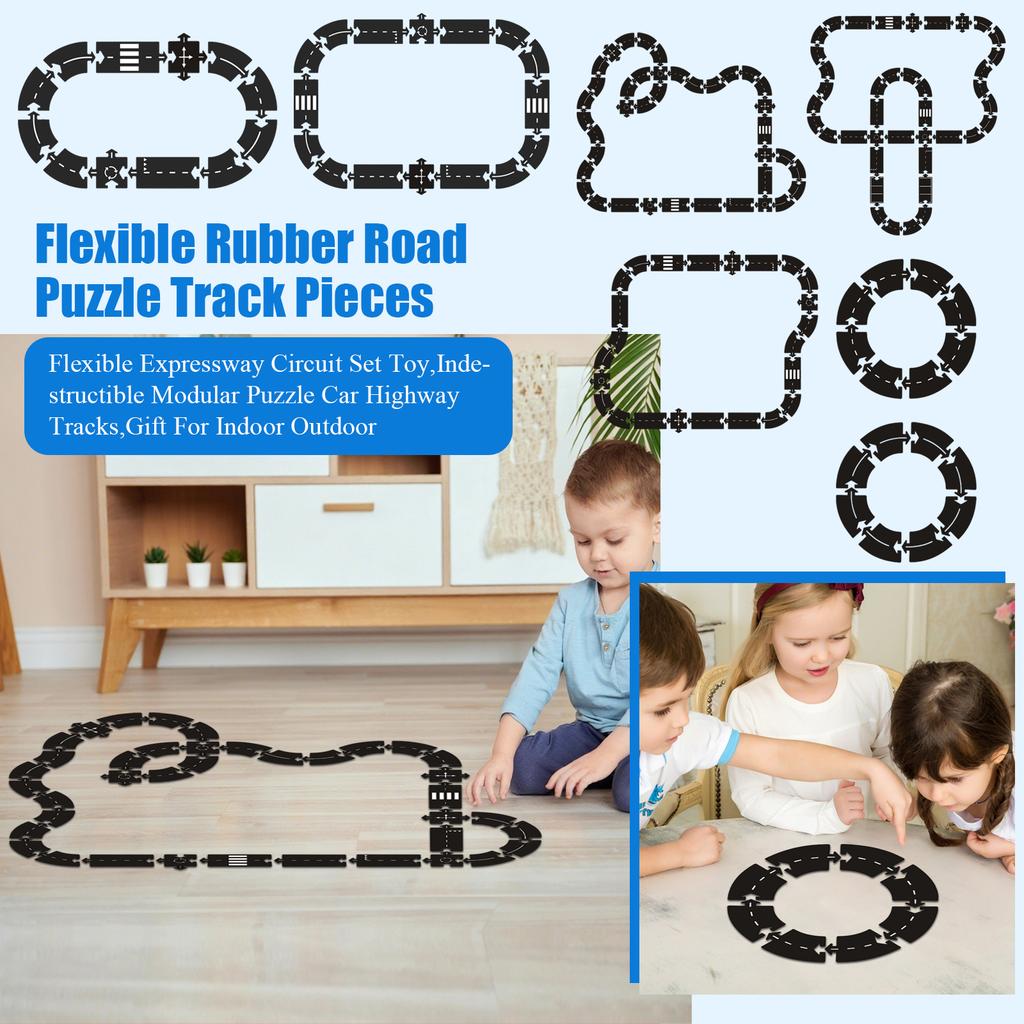 Flexible Rubber Road Puzzle Track Pieces,Flexible Expressway Circuit Set Toy,Indestructible Modular Puzzle Car Highway Tracks,Gift For Indoor Outdoor