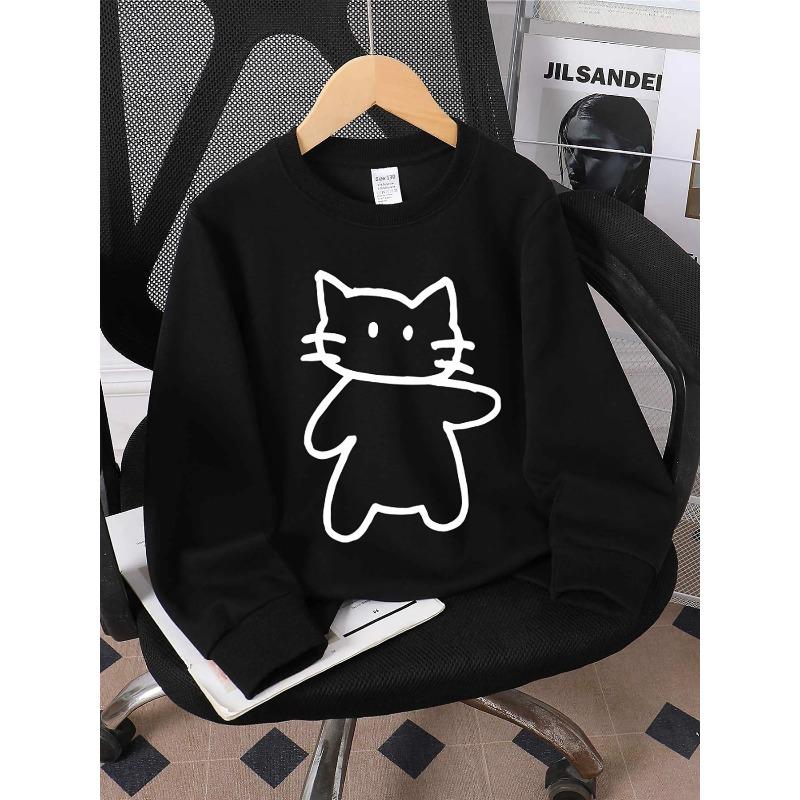 European sizes Kids' Crewneck Sweatshirt - White Cat Outline on Black Background , Sportswear And Casual Wear, Soft And Comfortable