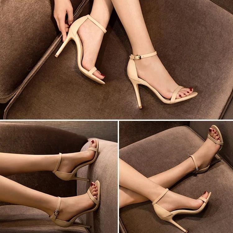 Sommer neue Ein-Wort-Schnallensandalen Damen dünne Absätze offene Zehen Temperament High Heels weiches Leder Damenschuhe ins