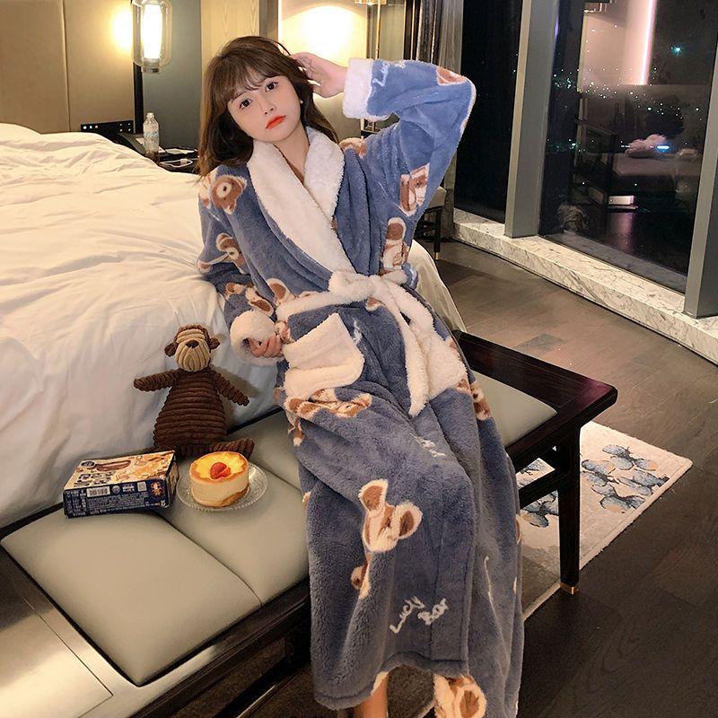Women Print Mid-calf Robes Design Winter Warm Thick Korean Style Homewear Lounge Casual Popular Feminino Fashion Loose Bathrobe
