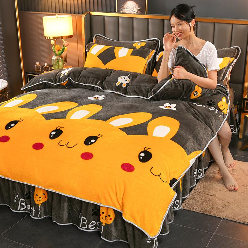 Winter Milk Velvet Bed Skirt Style Coral Fleece Bedding Set