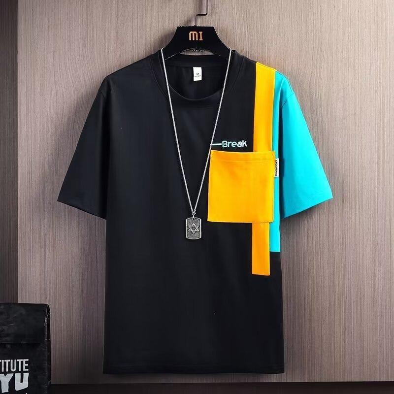 

Summer Men S Design Short-Sleeved T-Shirt Splicing Hong Kong Style Contrasting Color Half-Sleeved Top Casual Clothes Men S Loose M
