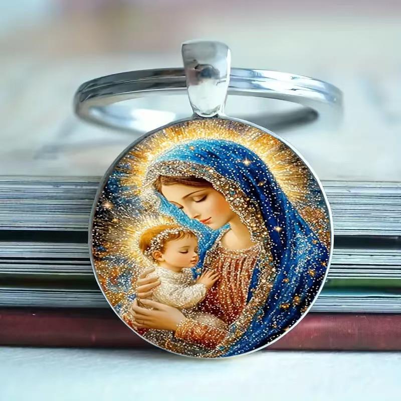 Breloc rotund din aluminiu cu Fecioara Maria binecuvântată, cadou pentru colecționarii de bijuterii religioase