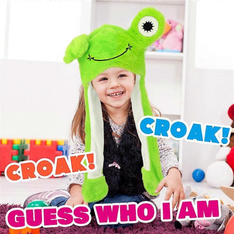 Frog Hat with Ears Moving Jumping Pop Up Beating Hat Plush Toy Cosplay Dress Up Holiday Christmas Funny Gift for Kids Boys Girls