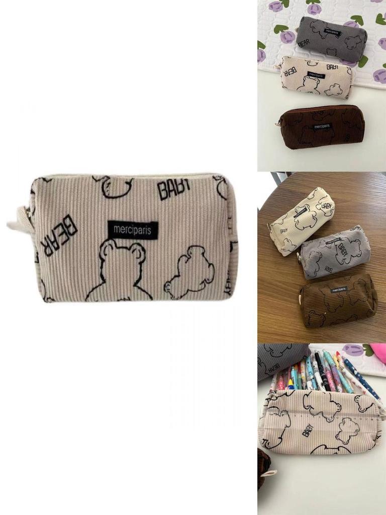Soft Cotton Bear Print Velvet Canvas Pencil Case Korean Style Large Capacity Stationery Box Pencil Bag Brown