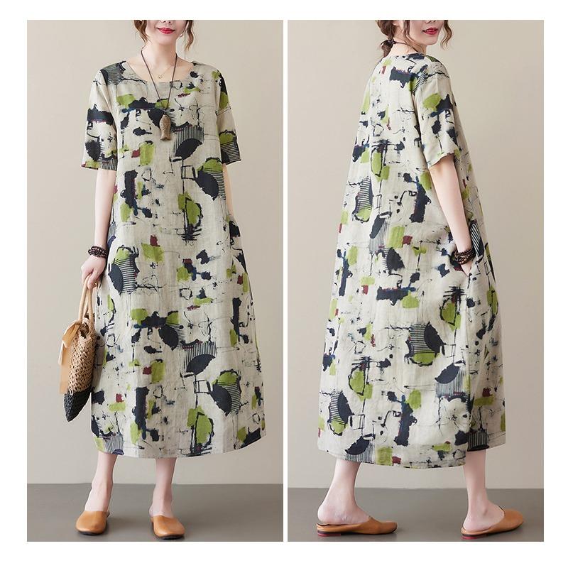 2025 Summer Short Sleeve Loose Printed Women Dress Fashion Casual Simple Elegant A-line Party Dress Female O Neck Office Ladies Clothing